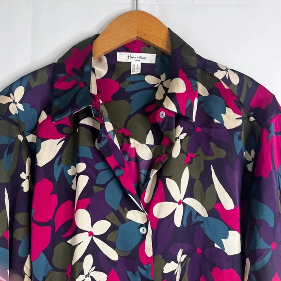 Haver & Blair London Bold Floral Silky Long Sleeve Button Front Blouse Size LG - Picture 3 of 9